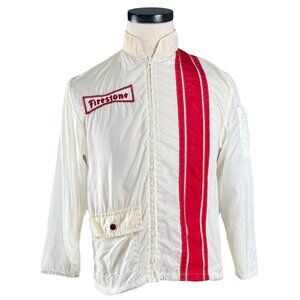 Vintage 60s Firestone White Racing Jacket With Red Stripe & Embroidered Logo M